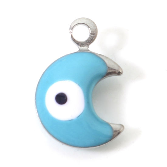 Изображение 304 Нержавеющая Сталь религия Подвески Луна половина Серебряный Тон Синий Злой Глаз Двусторонние эмалированные пайетки 11мм x 7мм, 10 ШТ