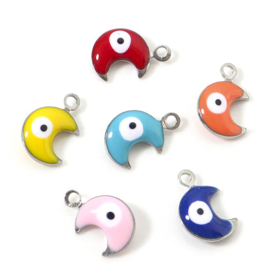 Изображение 304 Нержавеющая Сталь религия Подвески Луна половина Серебряный Тон Случайный смешанный цвет Злой Глаз Двусторонние эмалированные пайетки 11мм x 7мм, 10 ШТ