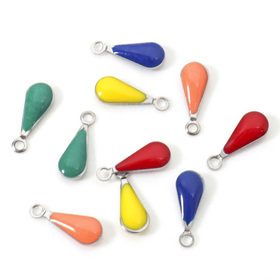 Изображение 304 Нержавеющая Сталь Подвески водяная капля Серебряный Тон Случайный смешанный цвет Двусторонние эмалированные пайетки 12мм x 5мм, 10 ШТ