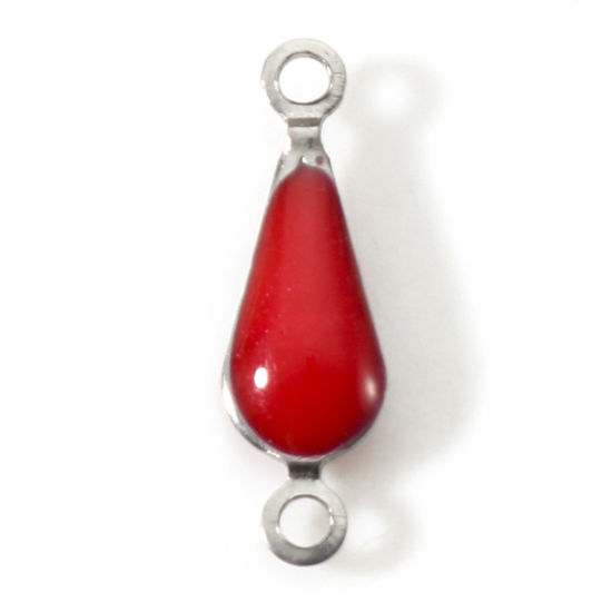 Immagine di 304 Acciaio Inossidabile Pendenti Charms Connettori Goccia Tono Argento Rosso Paillettes Smaltate su Entrambi i lati 15mm x 5mm, 10 Pz
