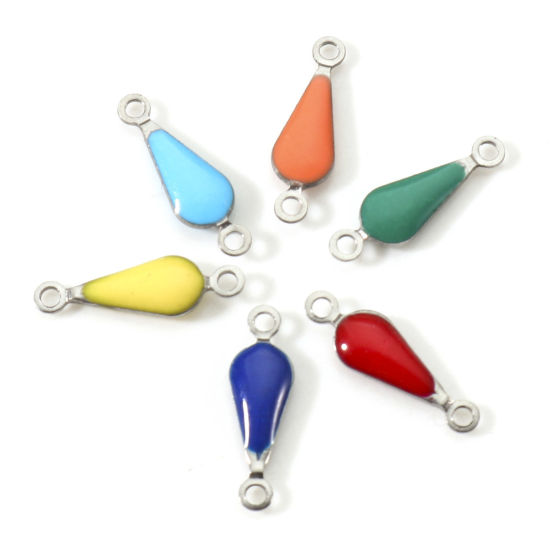 Immagine di 304 Acciaio Inossidabile Pendenti Charms Connettori Goccia Tono Argento A Colori Misti Casuali Paillettes Smaltate su Entrambi i lati 15mm x 5mm, 10 Pz