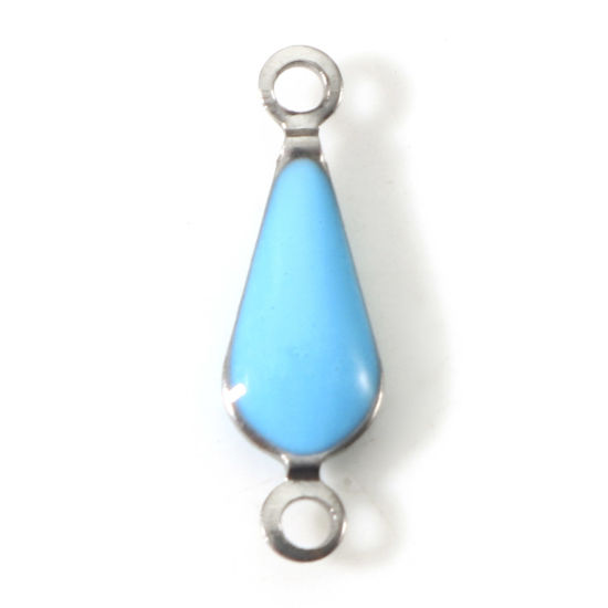 Immagine di 304 Acciaio Inossidabile Pendenti Charms Connettori Goccia Tono Argento Blu Malocchio Paillettes Smaltate su Entrambi i lati 15mm x 5mm, 10 Pz