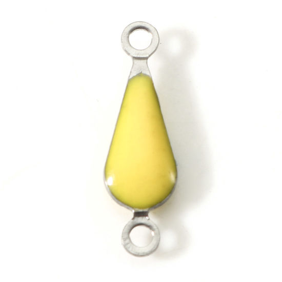 Immagine di 304 Acciaio Inossidabile Pendenti Charms Connettori Goccia Tono Argento Giallo Malocchio Paillettes Smaltate su Entrambi i lati 15mm x 5mm, 10 Pz