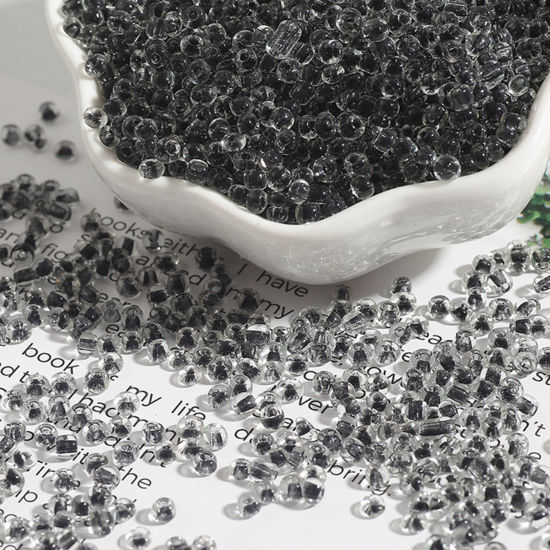 Picture of Glass Seed Beads Round Rocailles Black Color-centered Transparent About 3mm Dia., 30 Grams ( 1000 PCs/Packet)