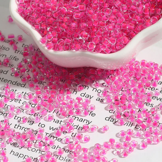 Picture of Glass Seed Beads Round Rocailles Neon Pink Color-centered Transparent About 2mm Dia., 30 Grams ( 2000 PCs/Packet)