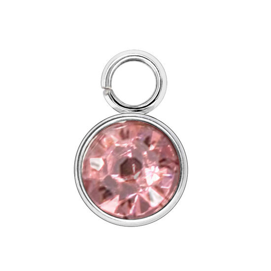Bild von 304 Edelstahl Monatsstein Charms Rund Silberfarbe Hellrosa 6mm x 9mm, 10 Stück