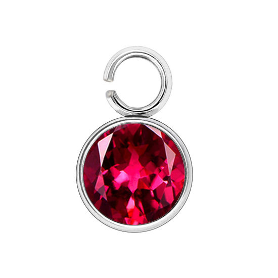 Immagine di 304 Acciaio Inossidabile Pietre Nascita Charms Tondo Tono Argento Rosso Scuro 6mm x 9mm, 10 Pz