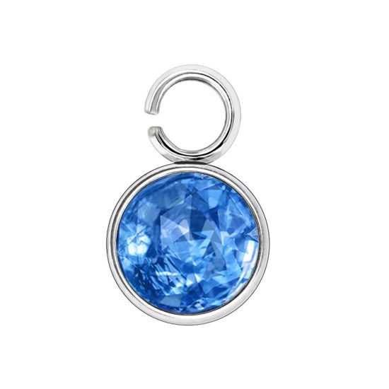 Immagine di 304 Acciaio Inossidabile Pietre Nascita Charms Tondo Tono Argento Azzurro 6mm x 9mm, 10 Pz