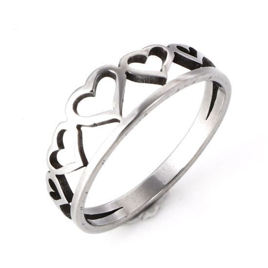 Picture of 304 Stainless Steel Valentine's Day Unadjustable Rings Silver Tone Heart Roller Burnishing 16.7mm(US size 6.25), 5 PCs