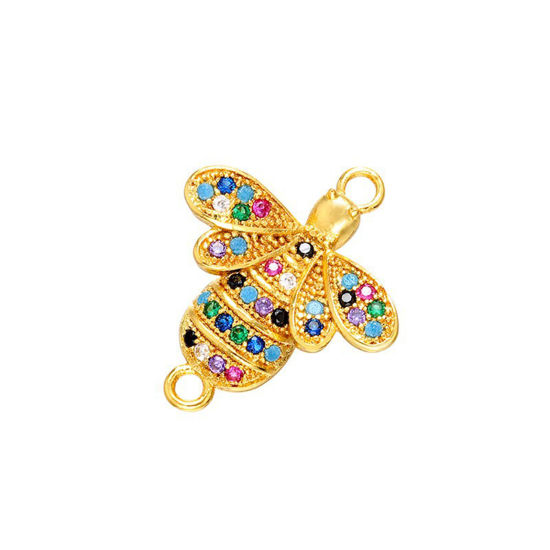 Picture of Brass Insect Connectors Charms Pendants Gold Plated Bee Animal Micro Pave Multicolor Rhinestone 20mm x 17mm, 1 Piece                                                                                                                                          