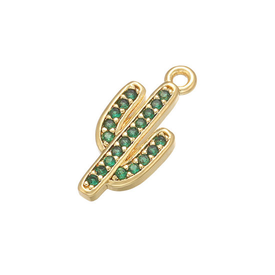 Image de 1 Pièce Breloques en Laiton Cactus Plaqué Or 18K à Strass Vert 17mm x 8mm