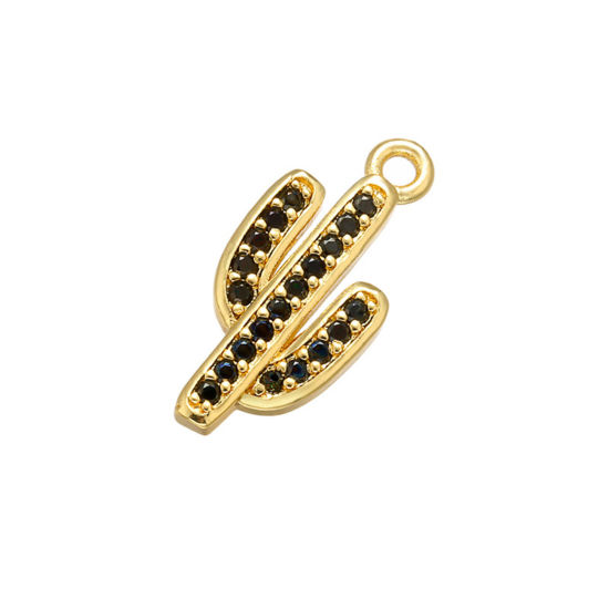 Image de 1 Pièce Breloques en Laiton Cactus Plaqué Or 18K à Strass Noir 17mm x 8mm