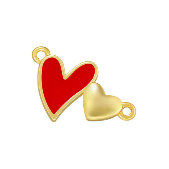 Bild von Messing Steckverbinder Charms Anhänger Vergoldet Rot Herz Emaille 17.5mm x 10.5mm, 1 Stück                                                                                                                                                                    