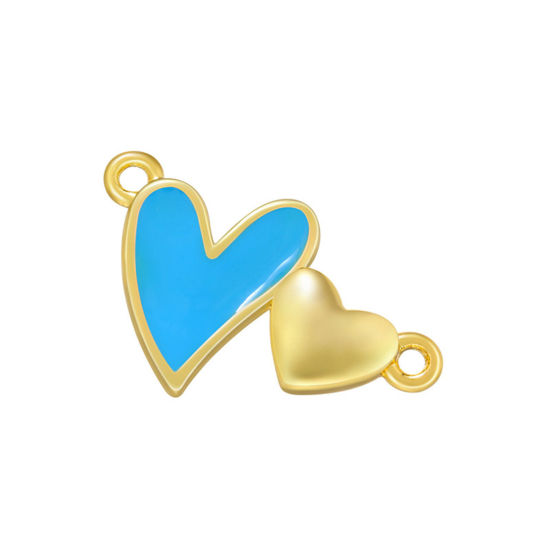 Bild von Messing Steckverbinder Charms Anhänger Vergoldet Blau Herz Emaille 17.5mm x 10.5mm, 1 Stück                                                                                                                                                                   
