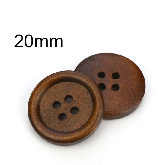 Bild von Natürliches Holz Knöpfe Scrapbooking 4 Löcher Rund Braun 20mm D., 100 Stück