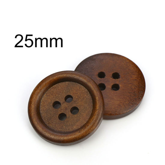 Bild von Natürliches Holz Knöpfe Scrapbooking 4 Löcher Rund Braun 25mm D., 100 Stück