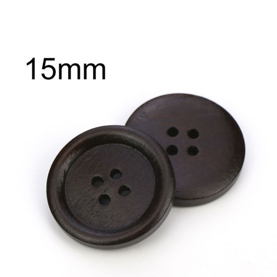 Picture of Wood Buttons Scrapbooking 4 Holes Round Dark Coffee 15mm Dia., 100 PCs