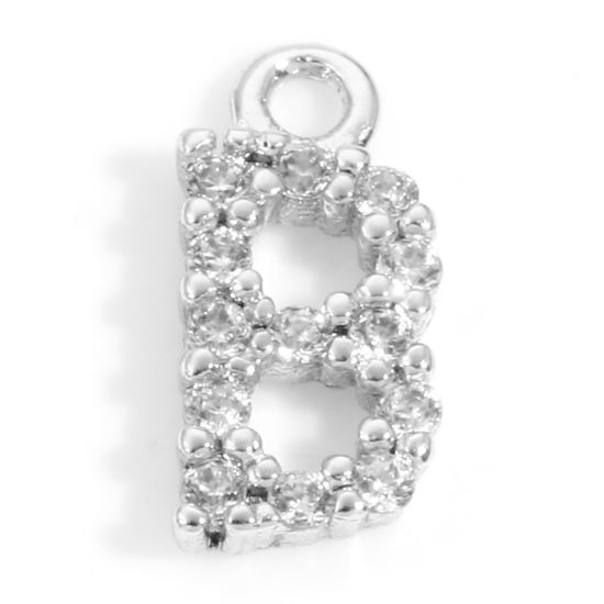 Picture of Brass Charms Real Platinum Plated Capital Alphabet/ Letter Message " B " Micro Pave Clear Cubic Zirconia 9mm x 4.5mm, 2 PCs