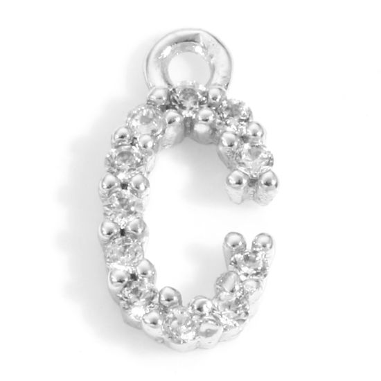 Picture of Brass Charms Real Platinum Plated Capital Alphabet/ Letter Message " C " Micro Pave Clear Cubic Zirconia 9.5mm x 5mm, 2 PCs
