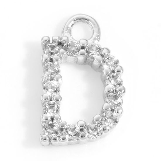 Picture of Brass Charms Real Platinum Plated Capital Alphabet/ Letter Message " D " Micro Pave Clear Cubic Zirconia 9mm x 5mm, 2 PCs