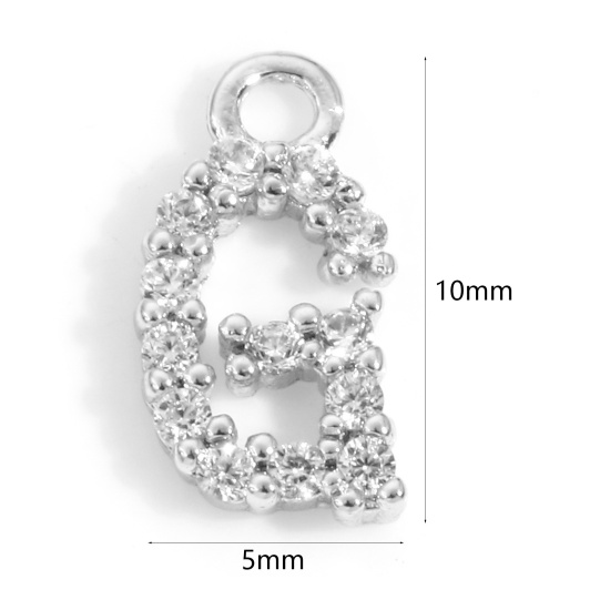 Picture of Brass Charms Real Platinum Plated Capital Alphabet/ Letter Message " G " Micro Pave Clear Cubic Zirconia 10mm x 5mm, 2 PCs