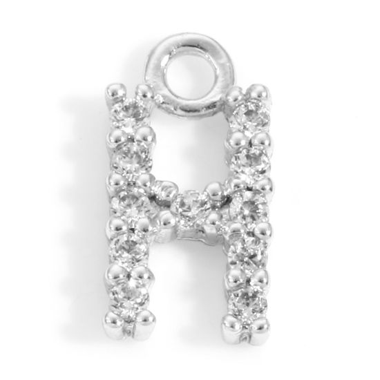 Picture of Brass Charms Real Platinum Plated Capital Alphabet/ Letter Message " H " Micro Pave Clear Cubic Zirconia 9mm x 5mm, 2 PCs