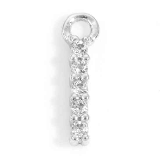 Picture of Brass Charms Real Platinum Plated Capital Alphabet/ Letter Message " I " Micro Pave Clear Cubic Zirconia 9mm x 2.5mm, 2 PCs