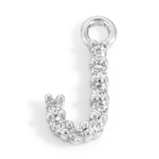 Picture of Brass Charms Real Platinum Plated Capital Alphabet/ Letter Message " J " Micro Pave Clear Cubic Zirconia 9.5mm x 5mm, 2 PCs