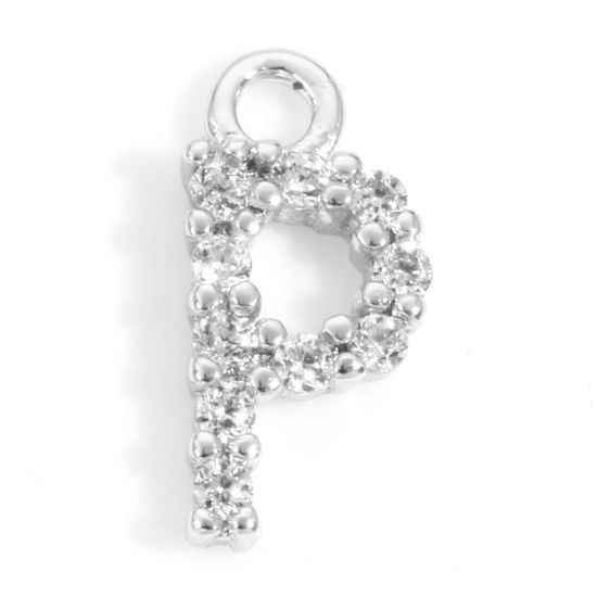 Picture of Brass Charms Real Platinum Plated Capital Alphabet/ Letter Message " P " Micro Pave Clear Cubic Zirconia 9.5mm x 4.5mm, 2 PCs
