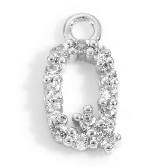 Picture of Brass Charms Real Platinum Plated Capital Alphabet/ Letter Message " Q " Micro Pave Clear Cubic Zirconia 9mm x 5mm, 2 PCs