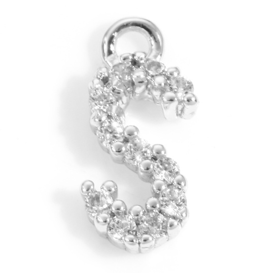 Picture of Brass Charms Real Platinum Plated Capital Alphabet/ Letter Message " S " Micro Pave Clear Cubic Zirconia 10mm x 4mm, 2 PCs