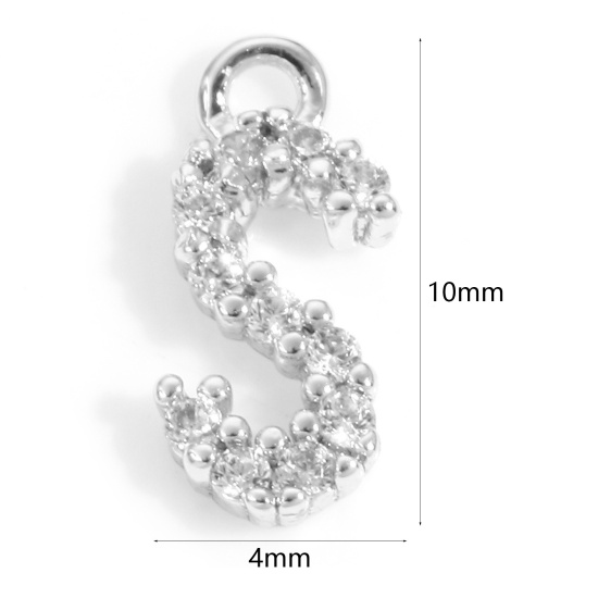 Picture of Brass Charms Real Platinum Plated Capital Alphabet/ Letter Message " S " Micro Pave Clear Cubic Zirconia 10mm x 4mm, 2 PCs