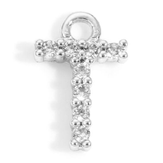 Picture of Brass Charms Real Platinum Plated Capital Alphabet/ Letter Message " T " Micro Pave Clear Cubic Zirconia 9mm x 6mm, 2 PCs