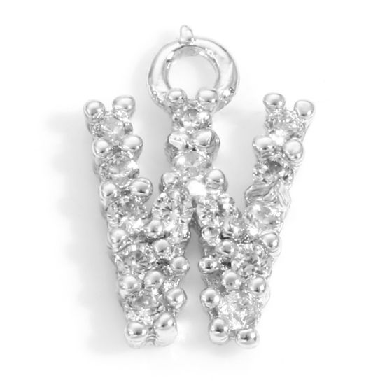 Picture of Brass Charms Real Platinum Plated Capital Alphabet/ Letter Message " W " Micro Pave Clear Cubic Zirconia 9mm x 6mm, 2 PCs