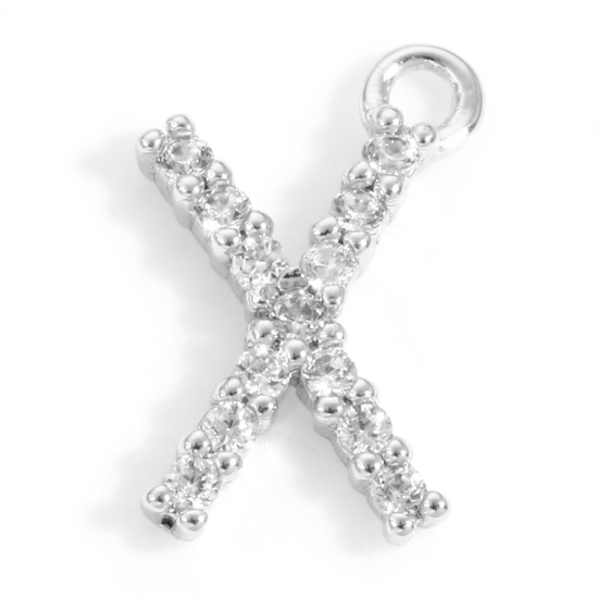 Picture of Brass Charms Real Platinum Plated Capital Alphabet/ Letter Message " X " Micro Pave Clear Cubic Zirconia 11mm x 7mm, 2 PCs