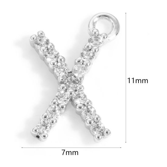 Picture of Brass Charms Real Platinum Plated Capital Alphabet/ Letter Message " X " Micro Pave Clear Cubic Zirconia 11mm x 7mm, 2 PCs