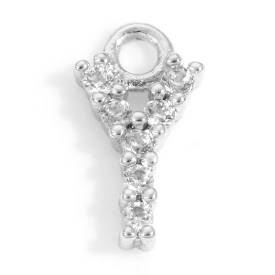 Picture of Brass Charms Real Platinum Plated Capital Alphabet/ Letter Message " Y " Micro Pave Clear Cubic Zirconia 8.5mm x 4.5mm, 2 PCs