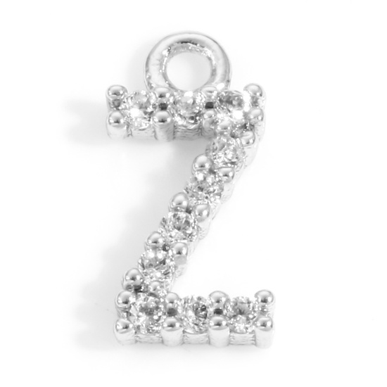 Picture of Brass Charms Real Platinum Plated Capital Alphabet/ Letter Message " Z " Micro Pave Clear Cubic Zirconia 10mm x 5mm, 2 PCs