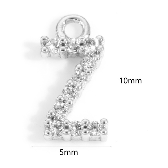 Picture of Brass Charms Real Platinum Plated Capital Alphabet/ Letter Message " Z " Micro Pave Clear Cubic Zirconia 10mm x 5mm, 2 PCs
