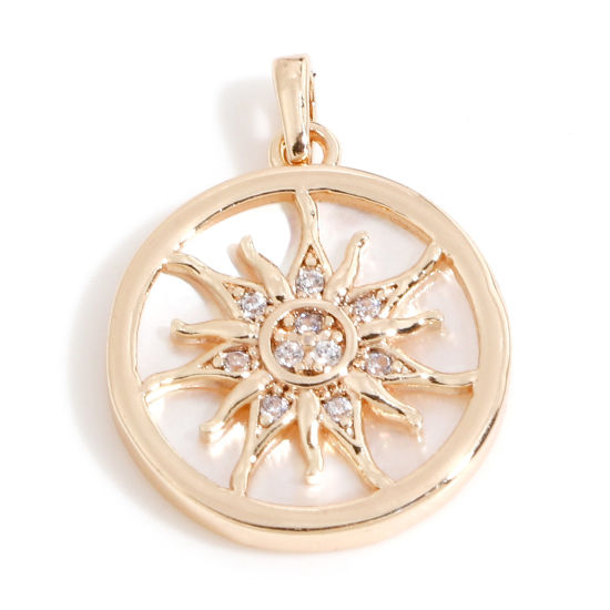 Image de 1 Pièce Pendentif Breloque Galaxie en Coquille Naturelle & Laiton Rond Plaqué Or Véritable 18K Blanc Soleil Micro Pave à Zircone Cubique Clair 20mm x 15mm