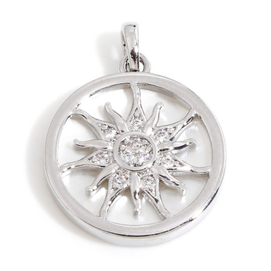 Image de 1 Pièce Pendentif Breloque Galaxie en Coquille Naturelle & Laiton Rond Plaqué Platine Véritable Blanc Soleil Micro Pave à Zircone Cubique Clair 20mm x 15mm