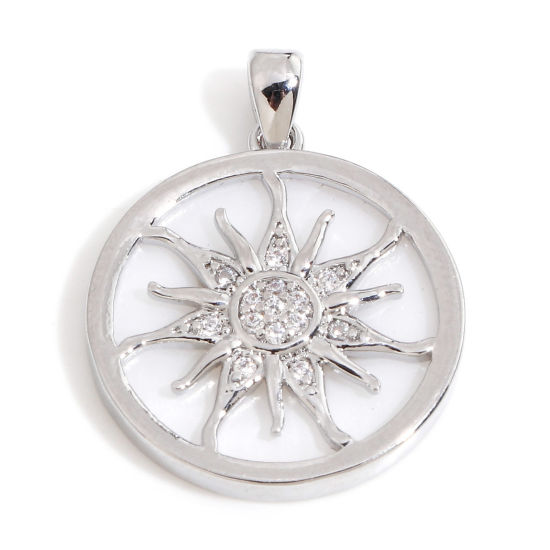 Image de 1 Pièce Pendentif Breloque Galaxie en Coquille Naturelle & Laiton Rond Plaqué Platine Véritable Blanc Soleil Micro Pave à Zircone Cubique Clair 24mm x 18mm