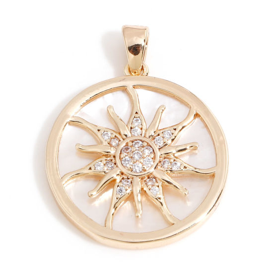 Image de 1 Pièce Pendentif Breloque Galaxie en Coquille Naturelle & Laiton Rond Plaqué Or Véritable 18K Blanc Soleil Micro Pave à Zircone Cubique Clair 26mm x 20mm