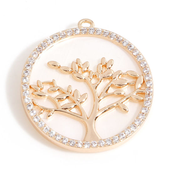 Picture of Shell & Brass Charms 18K Real Gold Plated Round Tree Micro Pave Clear Cubic Zirconia 24mm x 22mm, 1 Piece
