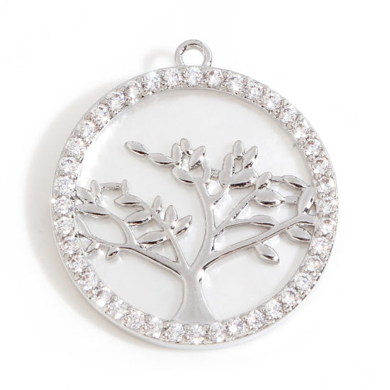 Picture of Shell & Brass Charms Real Platinum Plated Round Tree Micro Pave Clear Cubic Zirconia 22mm x 20mm, 1 Piece