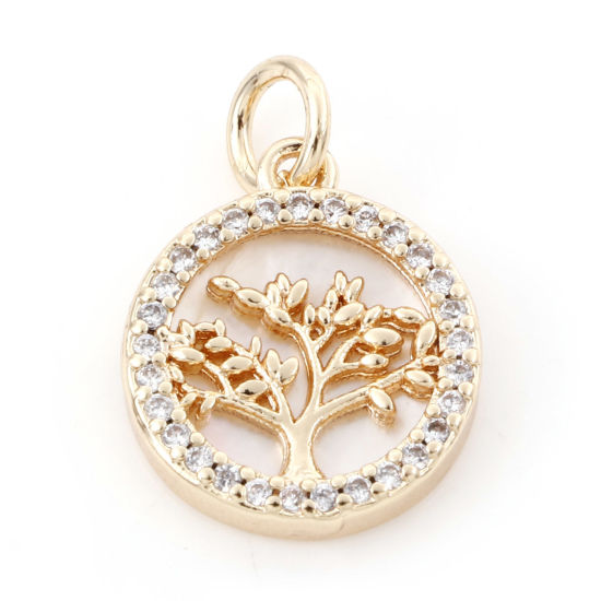 Picture of Shell & Brass Charms 18K Real Gold Plated Round Tree Micro Pave Clear Cubic Zirconia 17.5mm x 12mm, 1 Piece