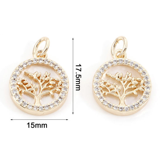 Picture of Shell & Brass Charms 18K Real Gold Plated Round Tree Micro Pave Clear Cubic Zirconia 17.5mm x 12mm, 1 Piece