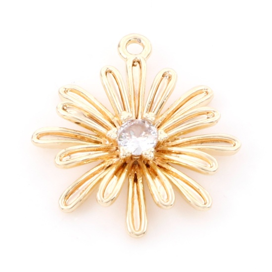 Bild von Messing Charms 18K Echtgold plattiert Gänseblümchen 3D Klar Zirkonia 17.5mm x 15mm, 2 Stück