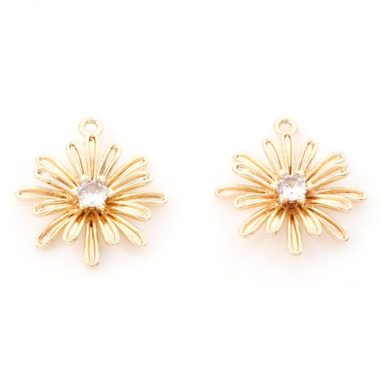 Bild von Messing Charms 18K Echtgold plattiert Gänseblümchen 3D Klar Zirkonia 17.5mm x 15mm, 2 Stück