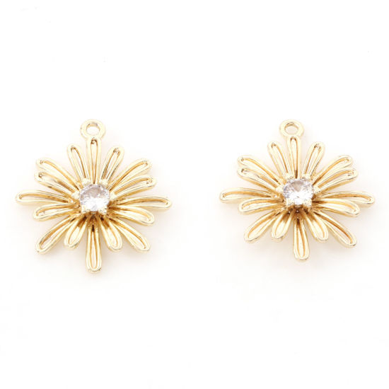 Bild von Messing Charms 18K Echtgold plattiert Gänseblümchen 3D Klar Zirkonia 17.5mm x 15mm, 2 Stück